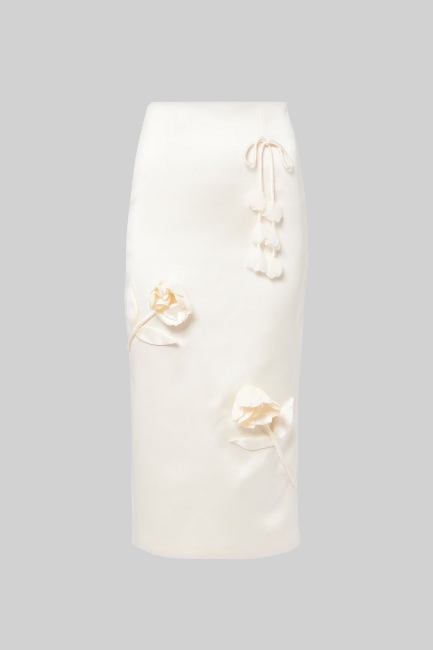 Satin Pencil Skirt with 3D Floral Appliqués - Ivoire
