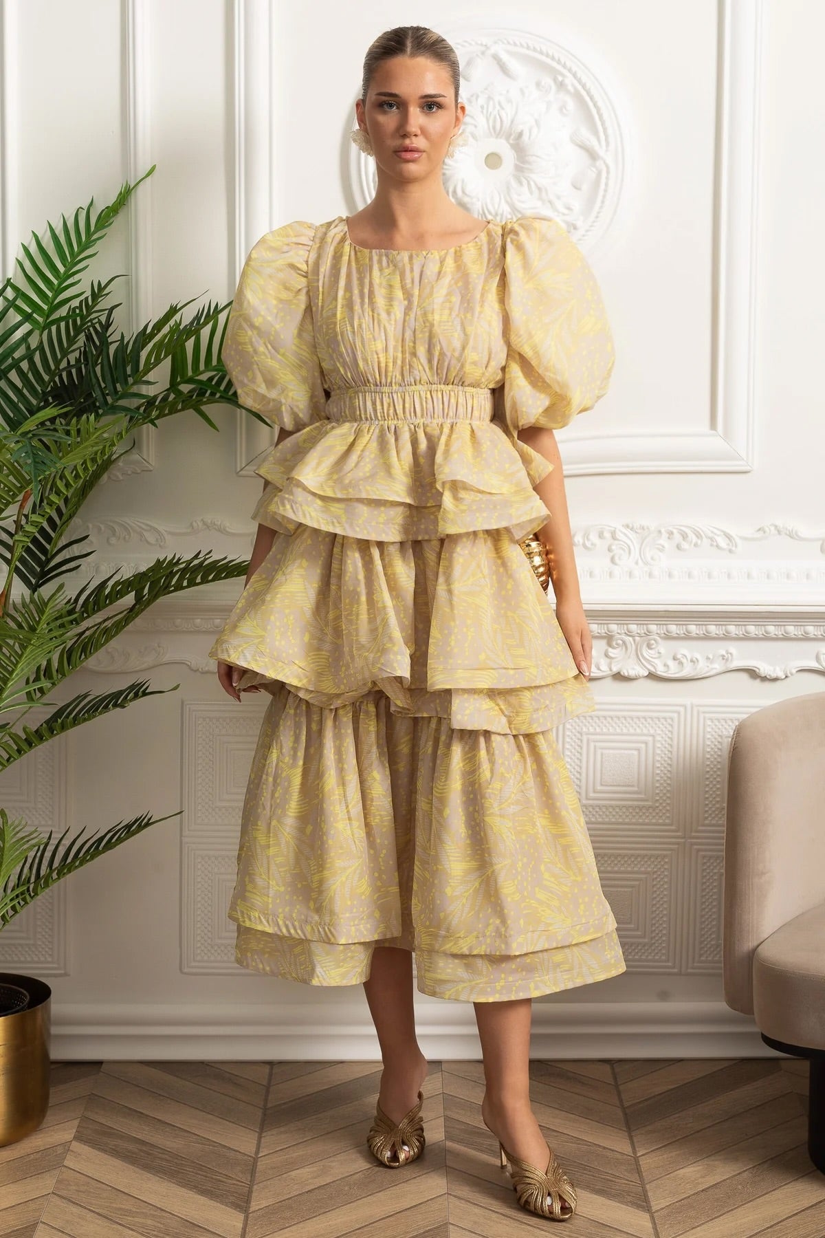 Puff Sleeve Tiered Ruffle Midi Dress - Yellow