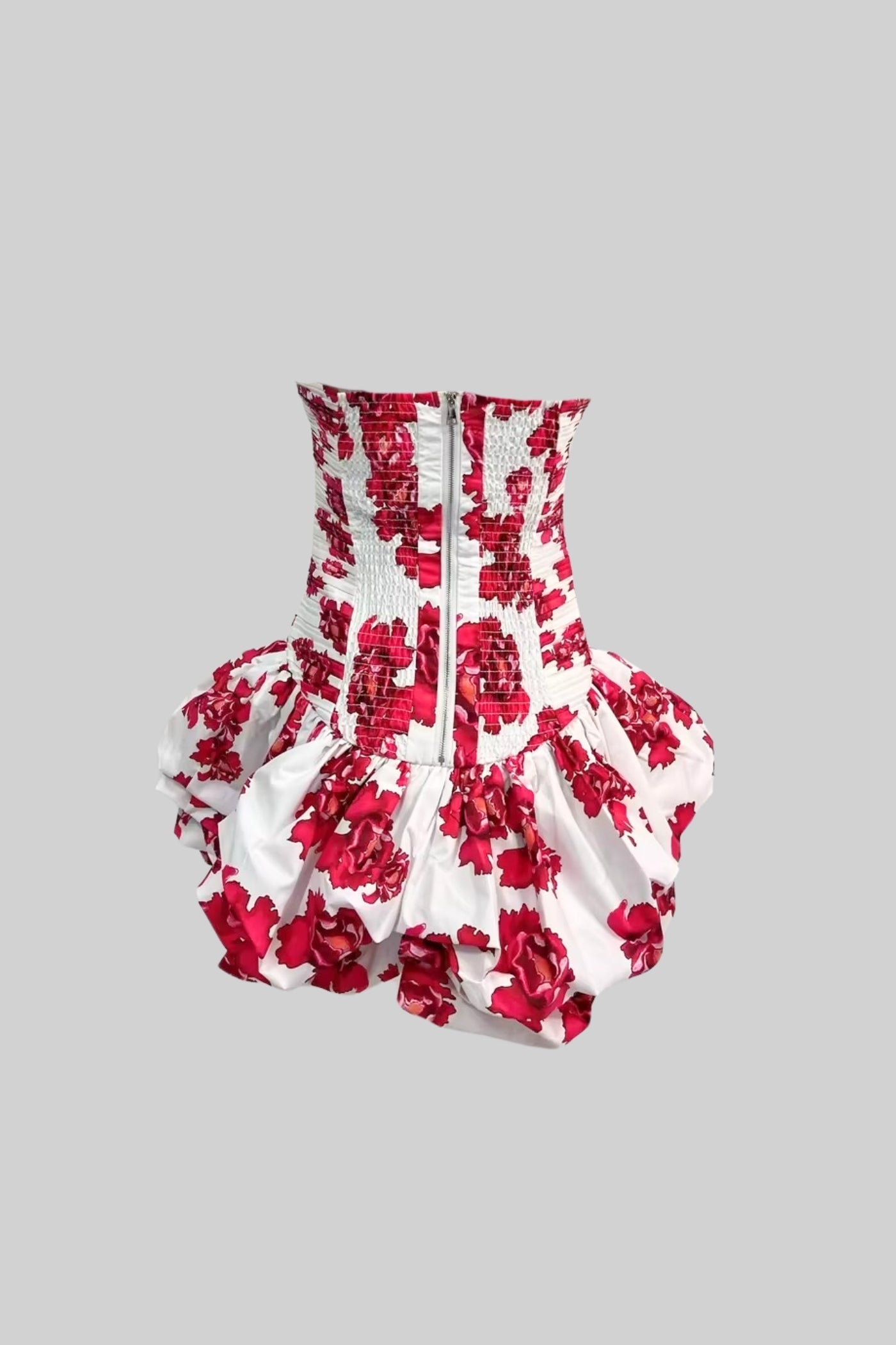 Mini Dress With Ruched Bodice And Voluminous Bubble Hem - White/Red