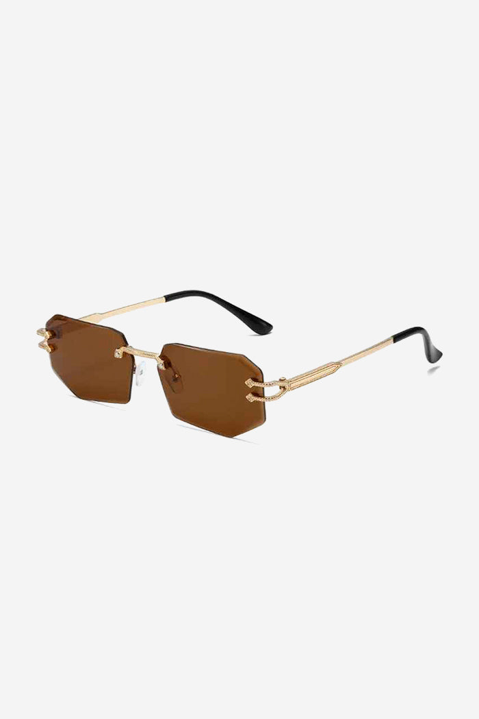 Rimless Geometric Sunglasses with Textured Gold Chain Temples – Brown