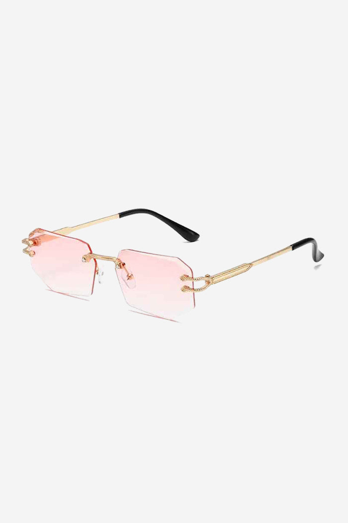 Rimless Geometric Sunglasses with Textured Gold Chain Temples – Pink