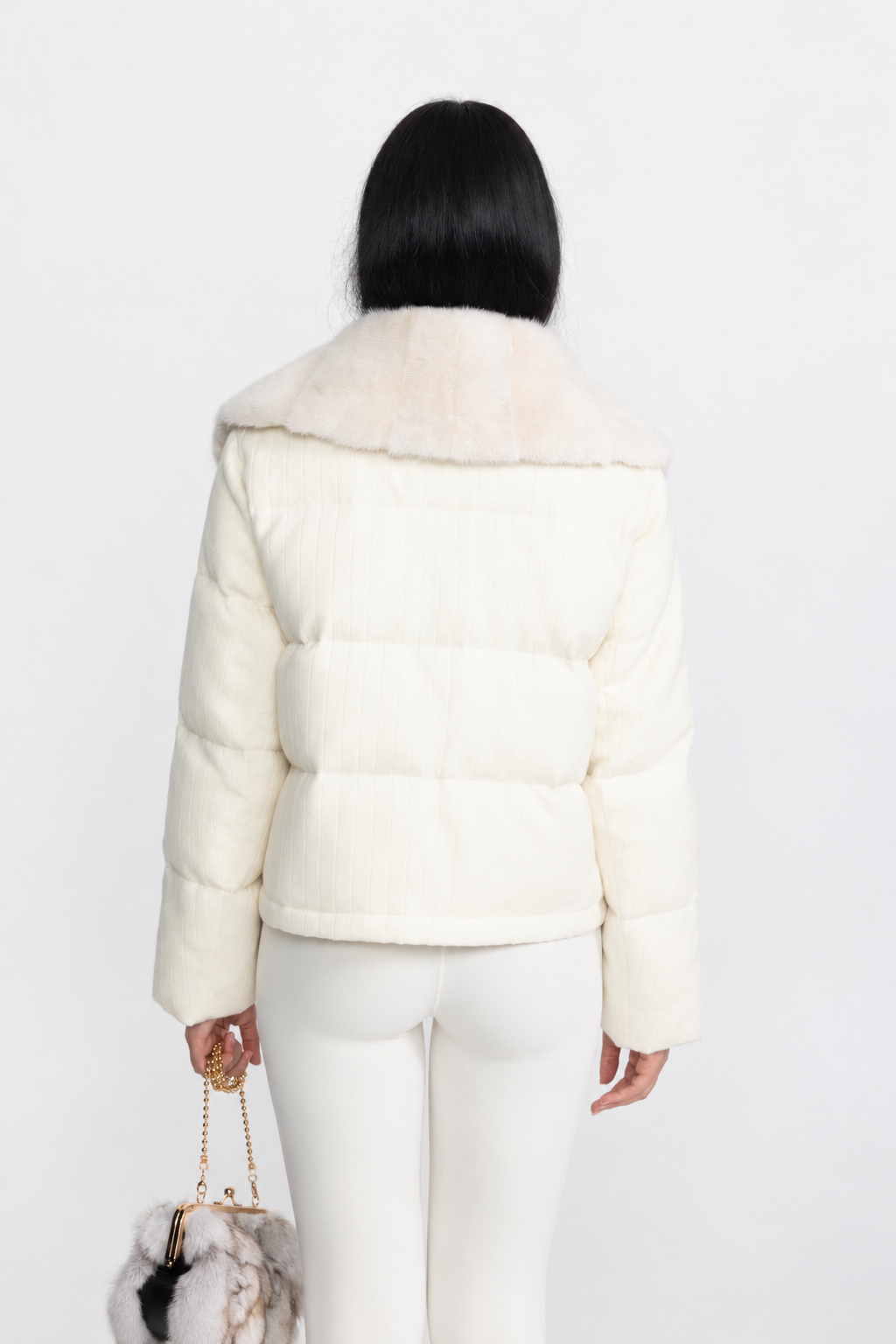 Ribbed Cashmere Down Puffer Jacket with Mink Fur Collar - Ivoire