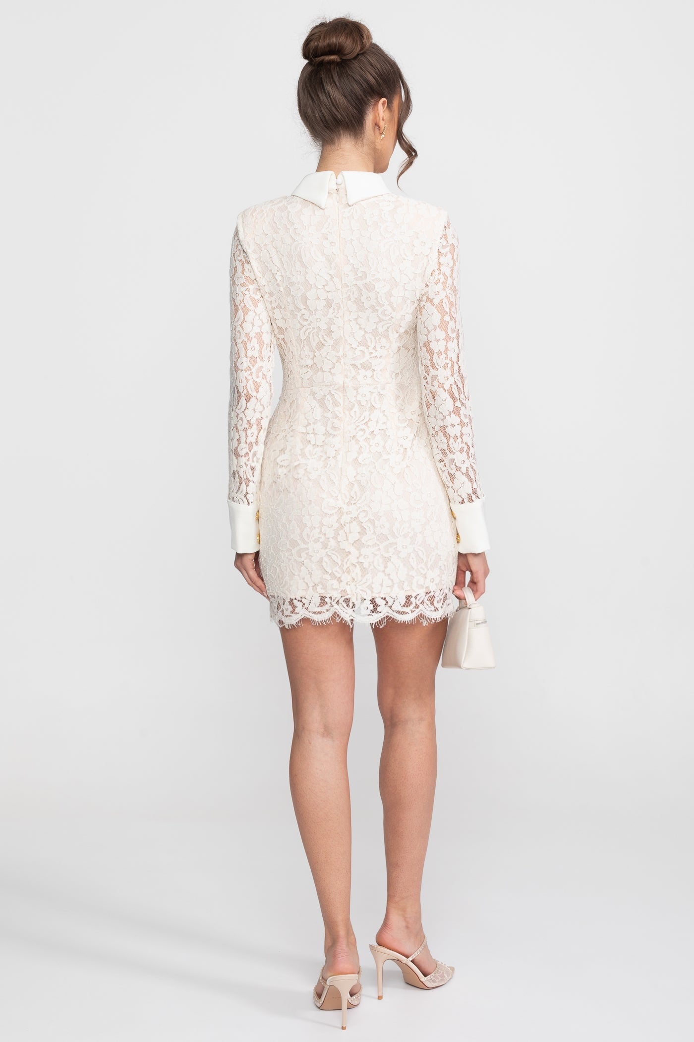 Long Sleeved Lace Mini Dress With Scallop Hem - Ivoire