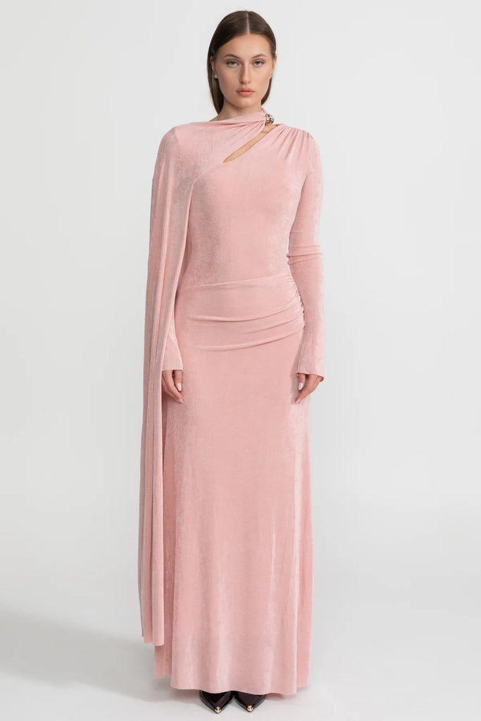 فستان أنيق مطوي مع فتحة غير متماثلة – Blush Pink 