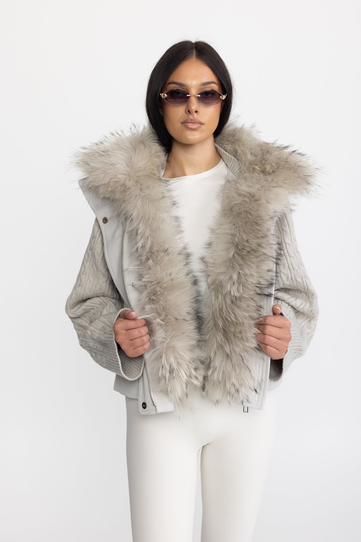 Cable Knit Sleeve Cropped Down Jacket with Raccoon Fur Collar - Light Grey