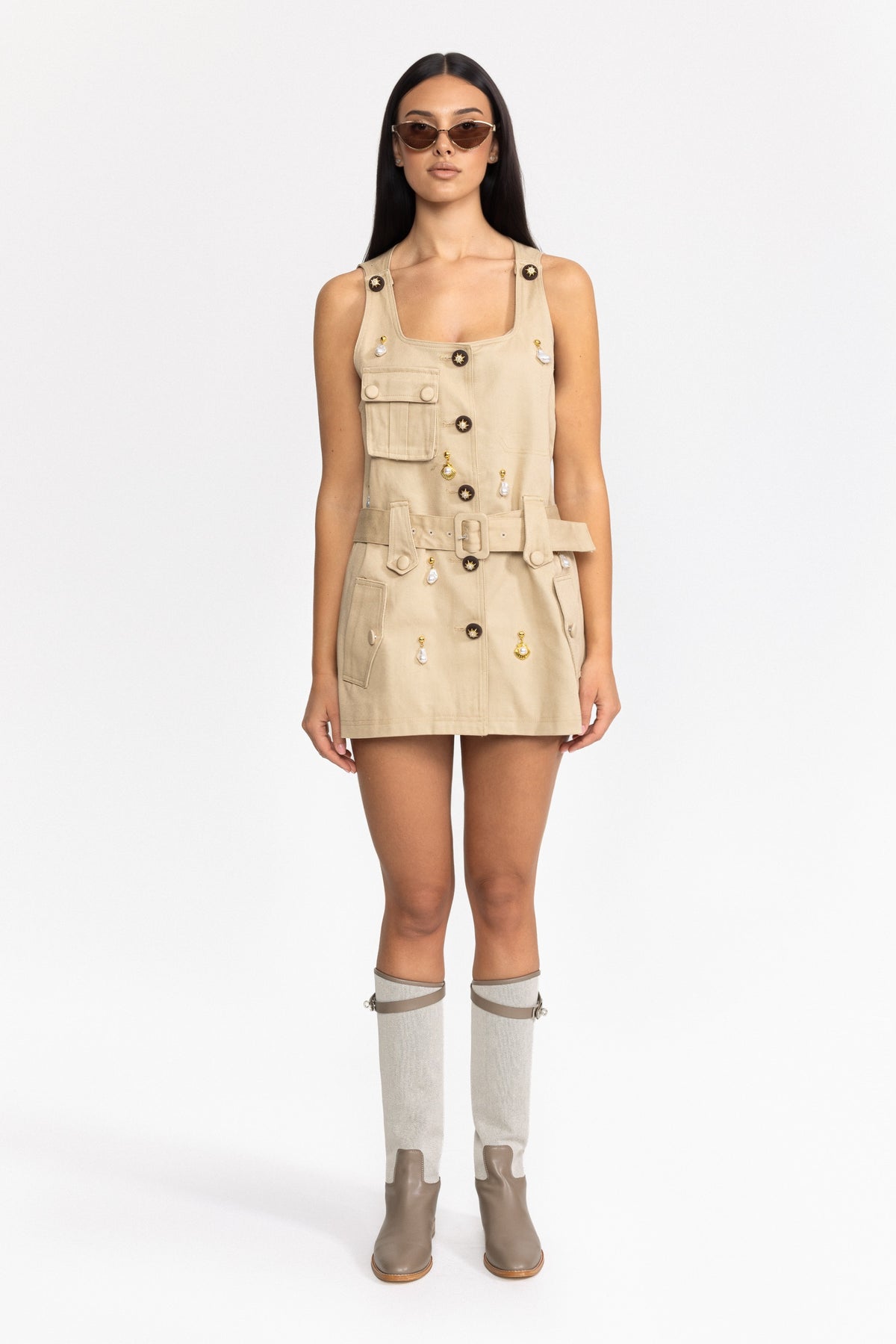 Pearl Charm Cotton Utility Mini Dress - Khaki