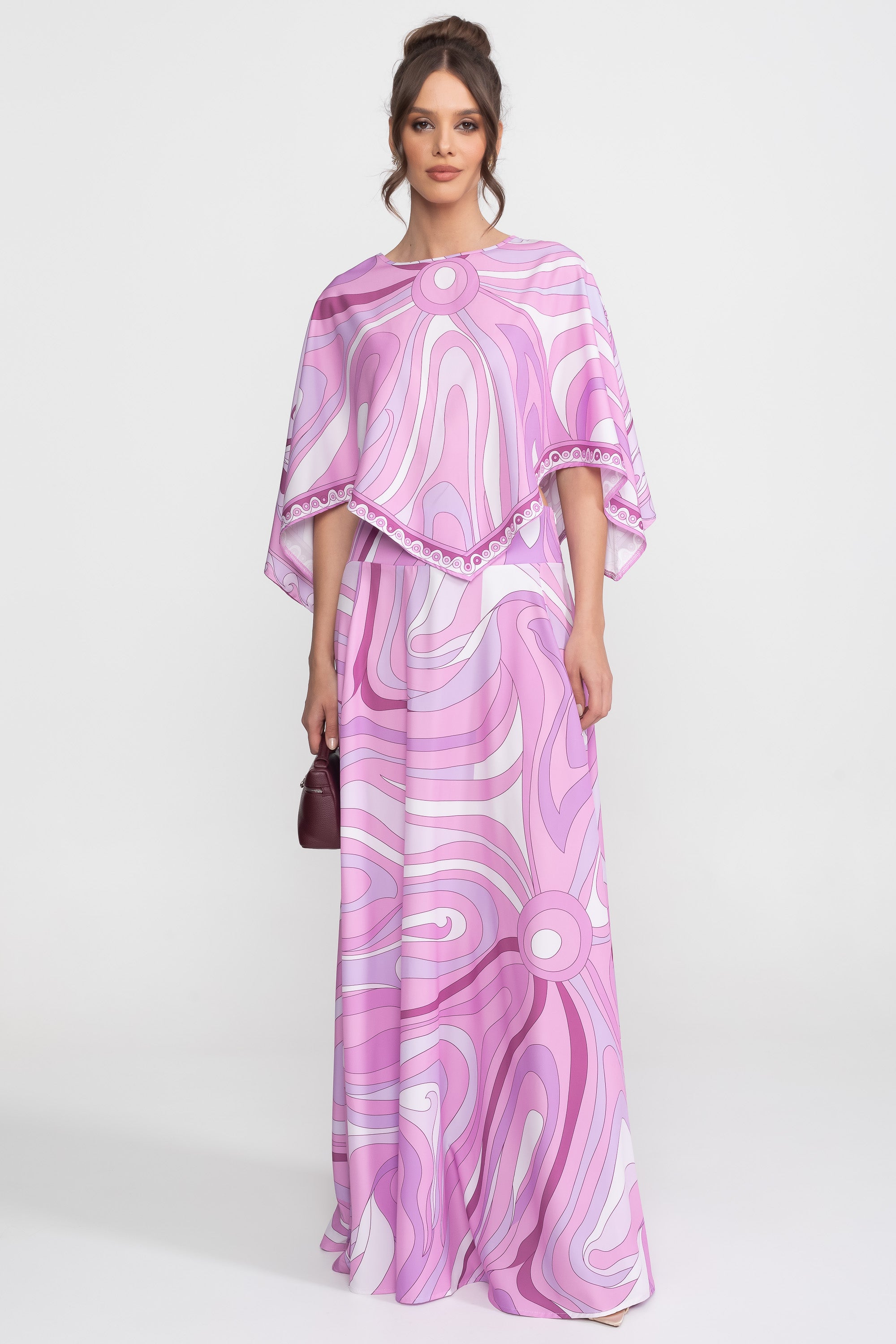Printed Cape Top And Maxi Skirt Co-Ord Set - Pink