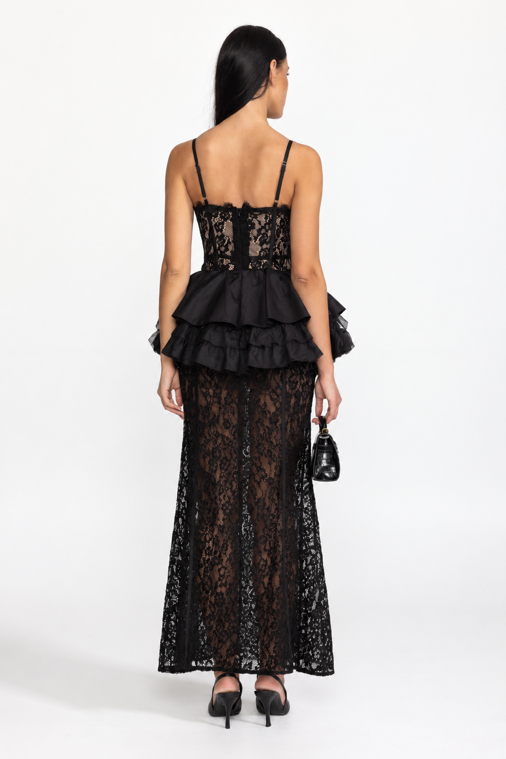 Lace Corset Ruffle Peplum Maxi Dress - Black