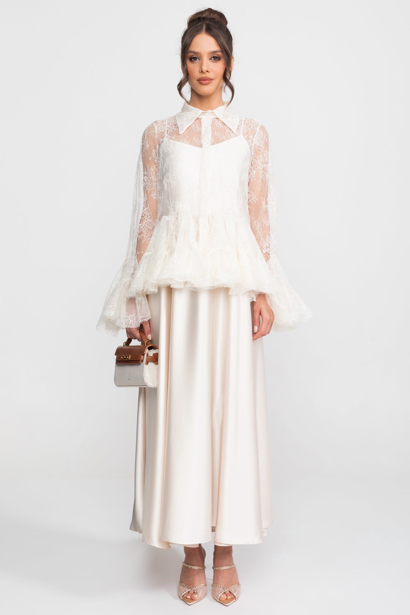 Sheer Lace Peplum Blouse With Ruffle Hem And Satin Maxi Skirt - Ivoire