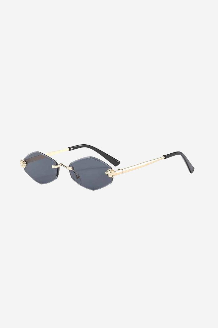Rimless Hexagon Sunglasses with Gold Patterned Temples – Black