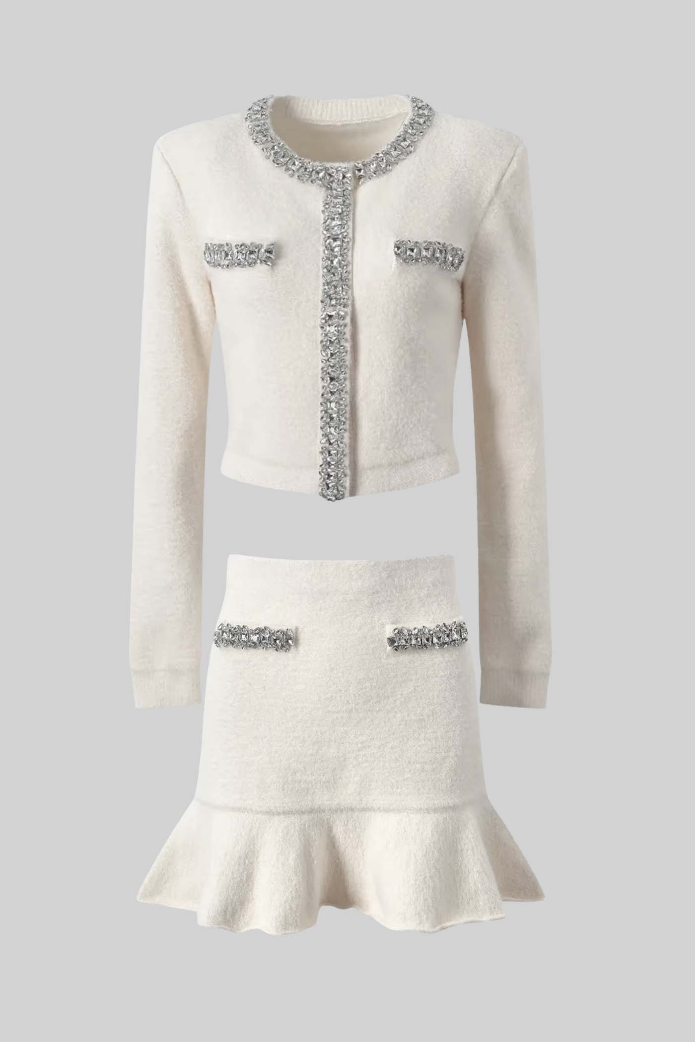 Soft Co-ord Set With Long Sleeves, Mini Skirt And Sparkling Embellishments - White