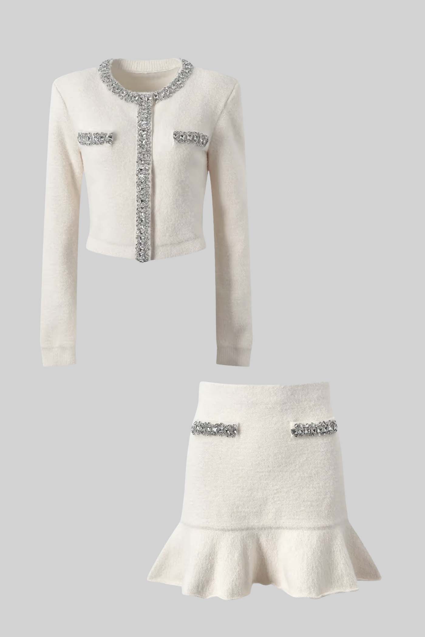 Soft Co-ord Set With Long Sleeves, Mini Skirt And Sparkling Embellishments - White