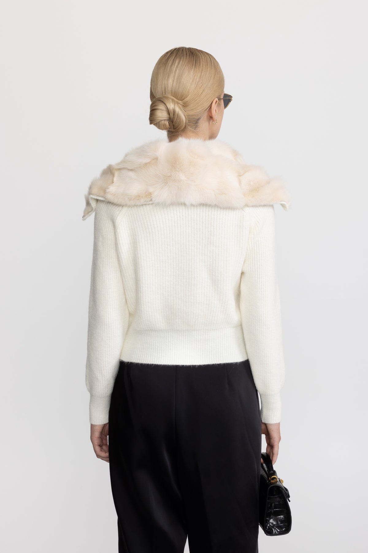 Rabbit Fur Panel Knit Zip Cardigan - Ivoire