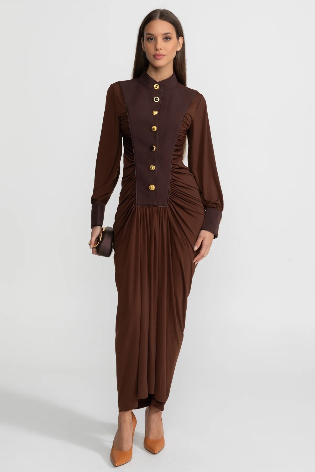 Draped Maxi Dress with Gold Statement Buttons - Brown
