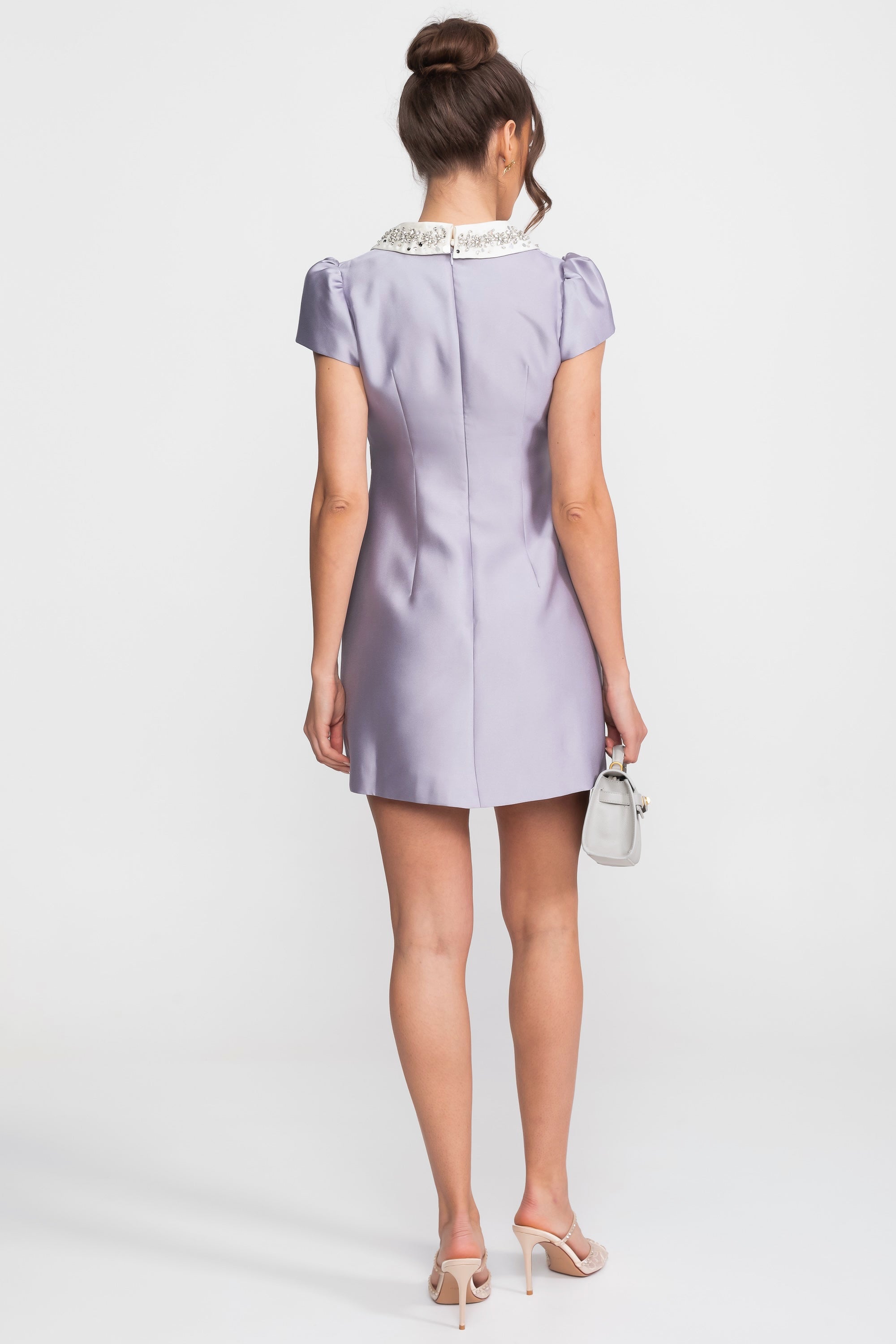 Satin Mini Dress With Crystal Peter Pan Collar And Bow Waist - Lilac