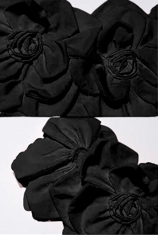 فستان ميدي بأكتاف مكشوفة مع لمسات زهرية كبيرة من القماش - أسود 