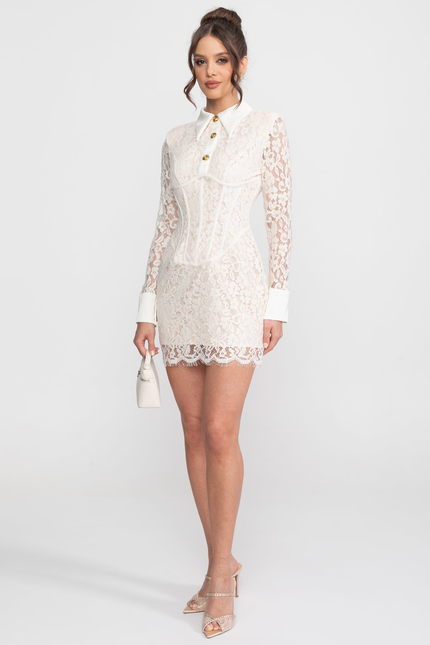 Long Sleeved Lace Mini Dress With Scallop Hem - Ivoire