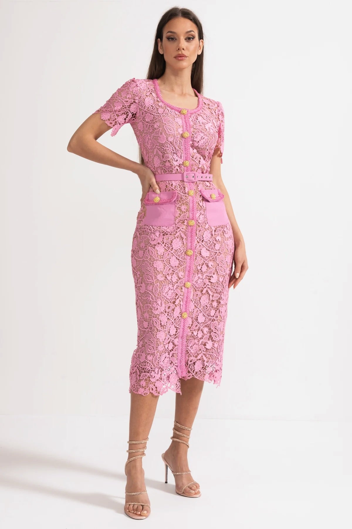 Exquisite Short Sleeve Lace Midi Dress - Rose
