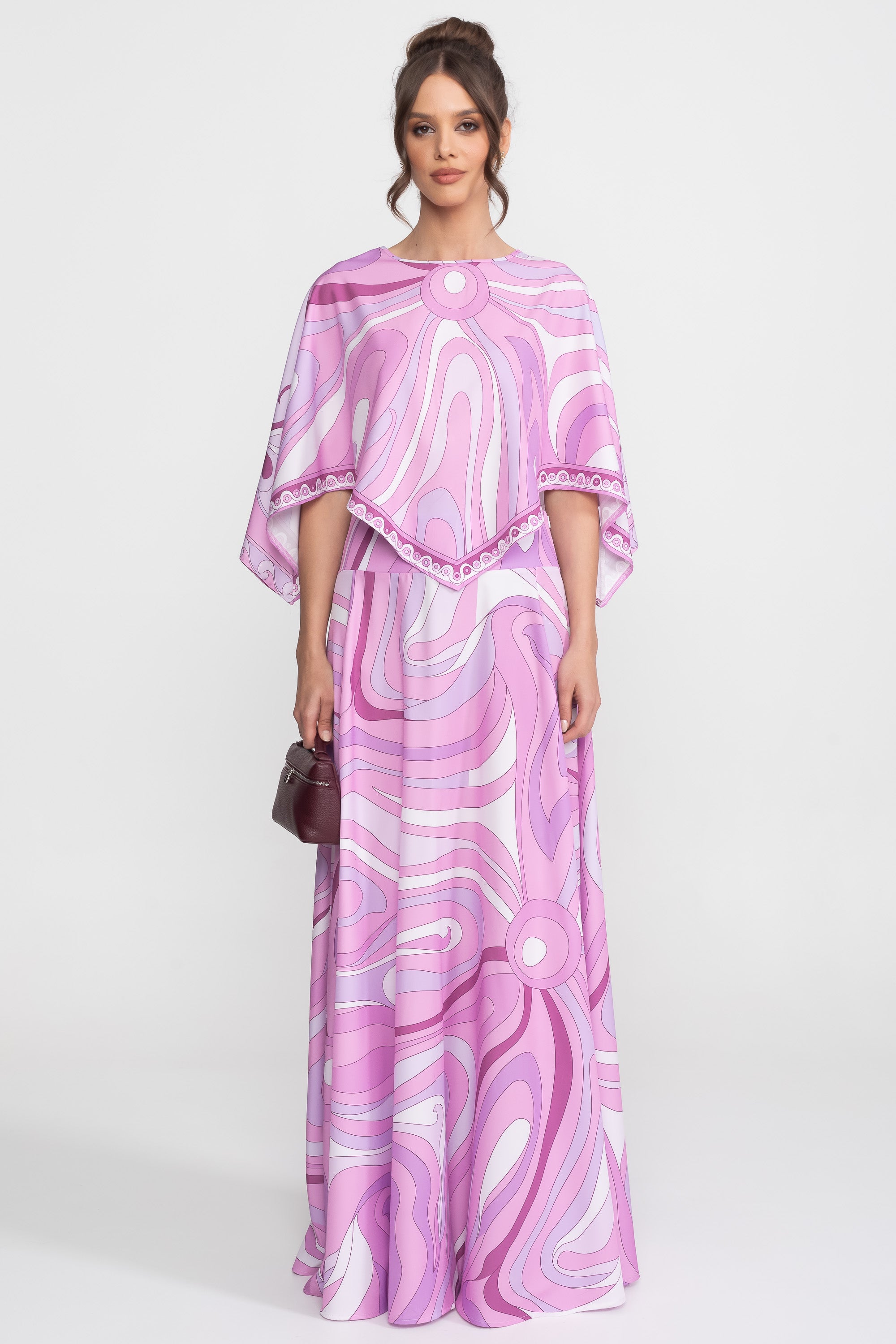 Printed Cape Top And Maxi Skirt Co-Ord Set - Pink