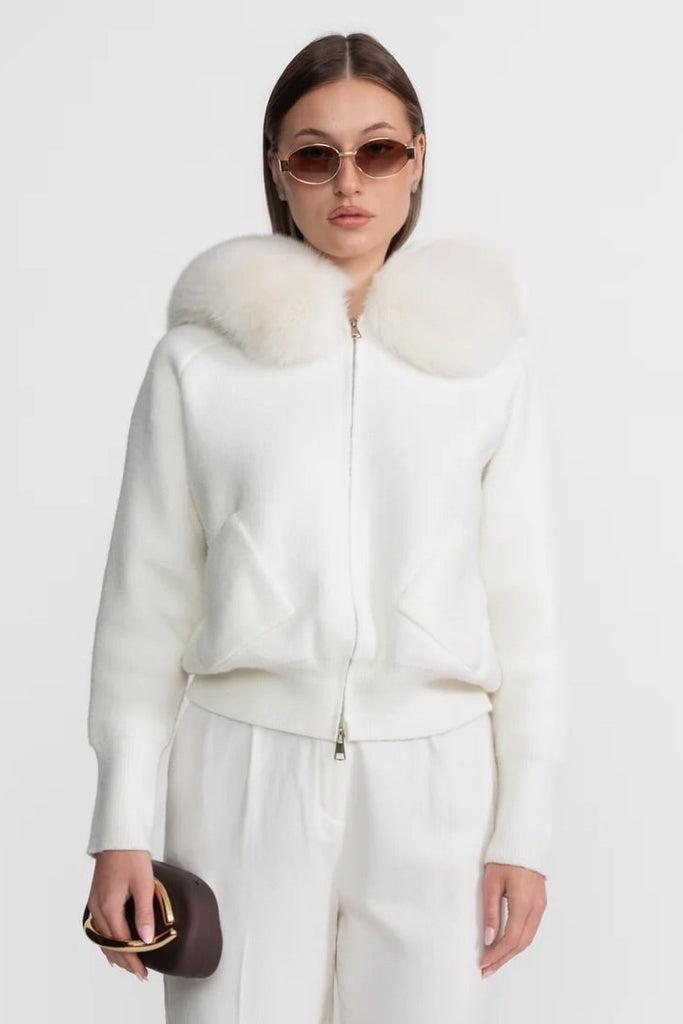 Zip-Up Wool Hoodie With Fox Fur Collar – Ivoire