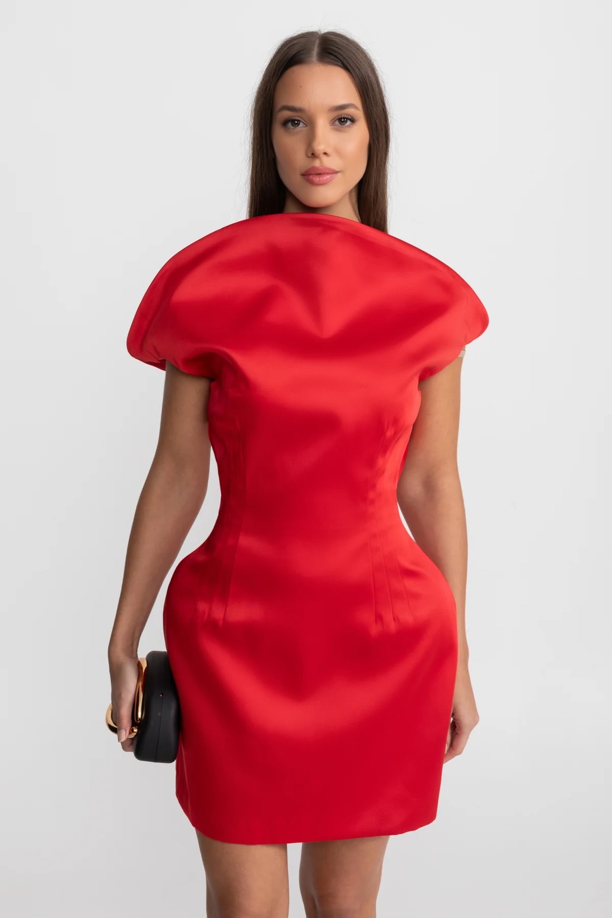 Satin Mini Dress with Sculptural Shoulder Detail - Red