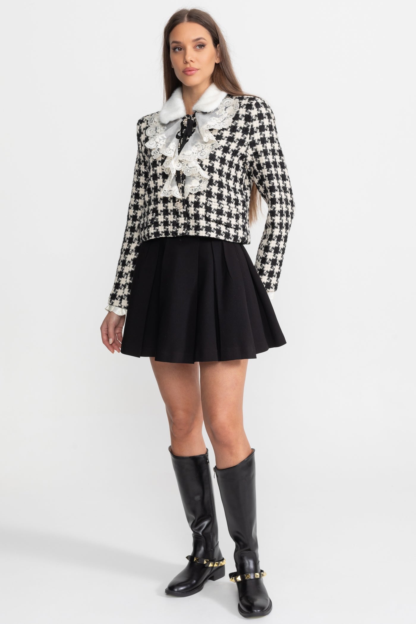 Tweed Cropped Jacket with Lace Ruffle and Mink Fur Collar – Black & White