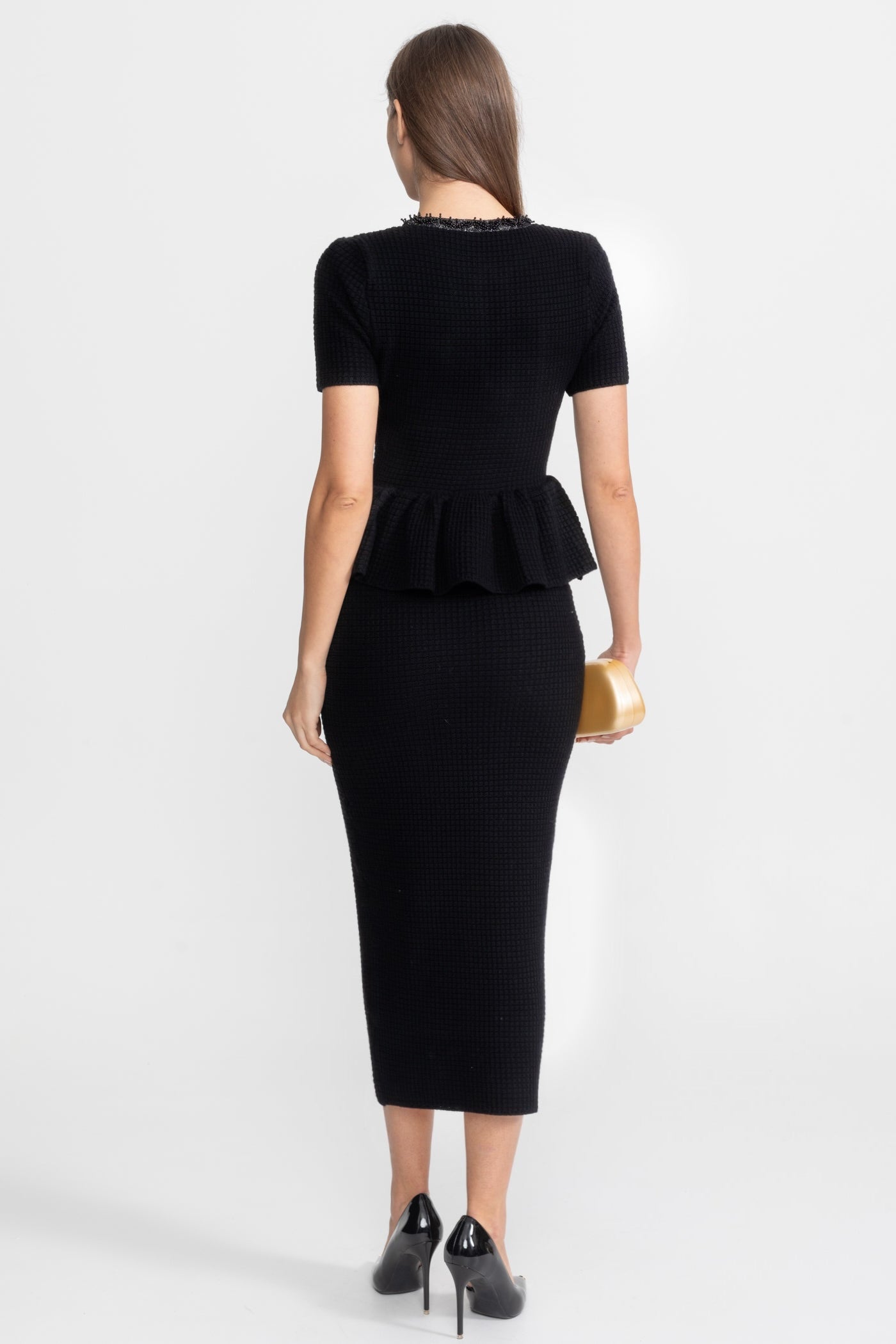 Textured Knit Midi Dress with Peplum Waist Detail – Black
