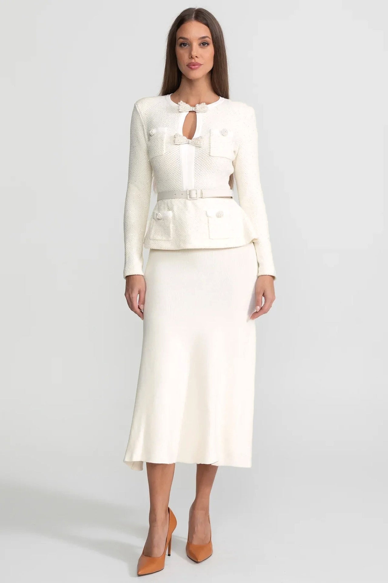Tweed Peplum Knit Midi Dress – Ivoire
