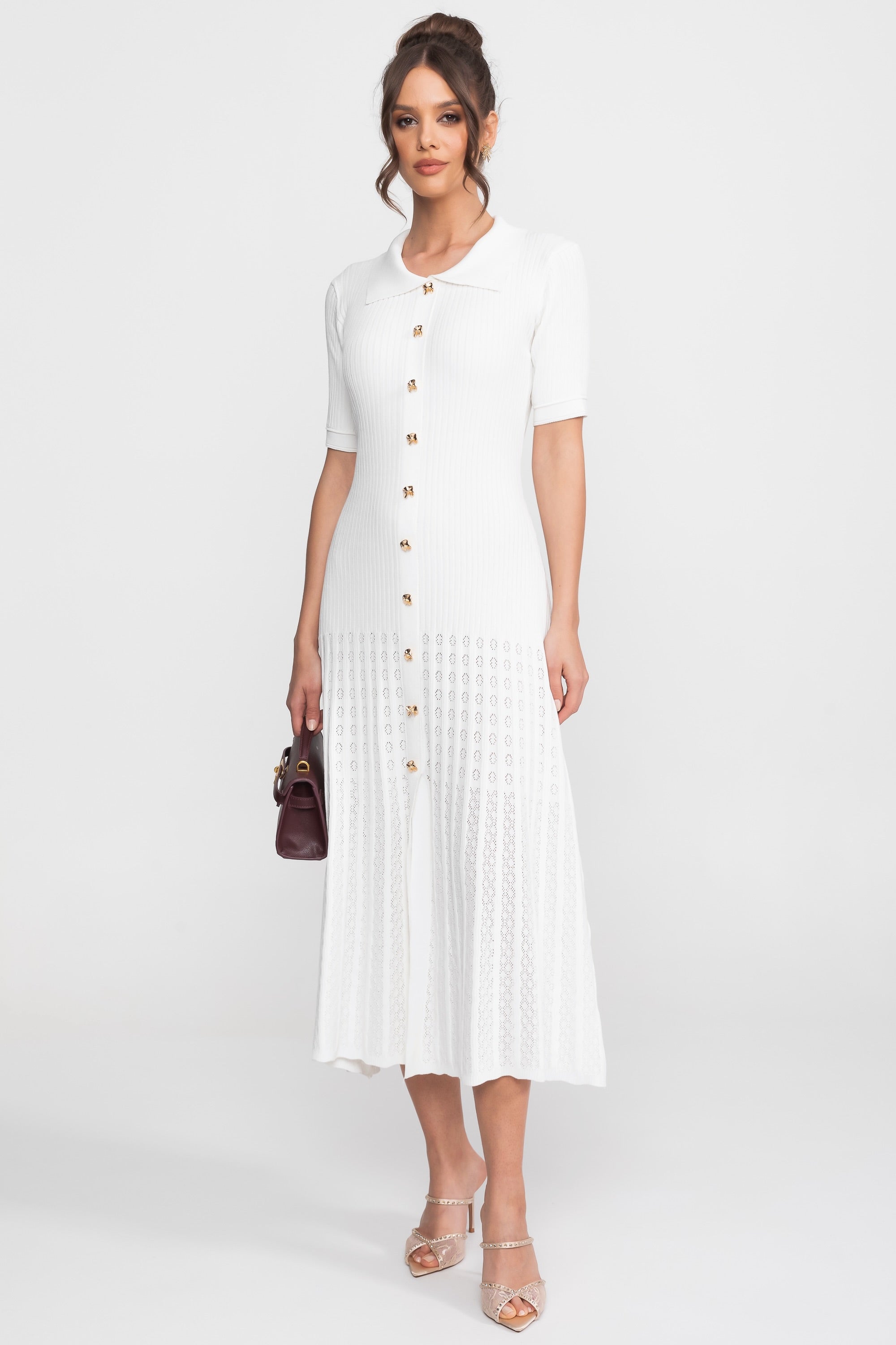 Ribbed Knit Midi Dress With Peter Pan Collar And Pleated Skirt - White