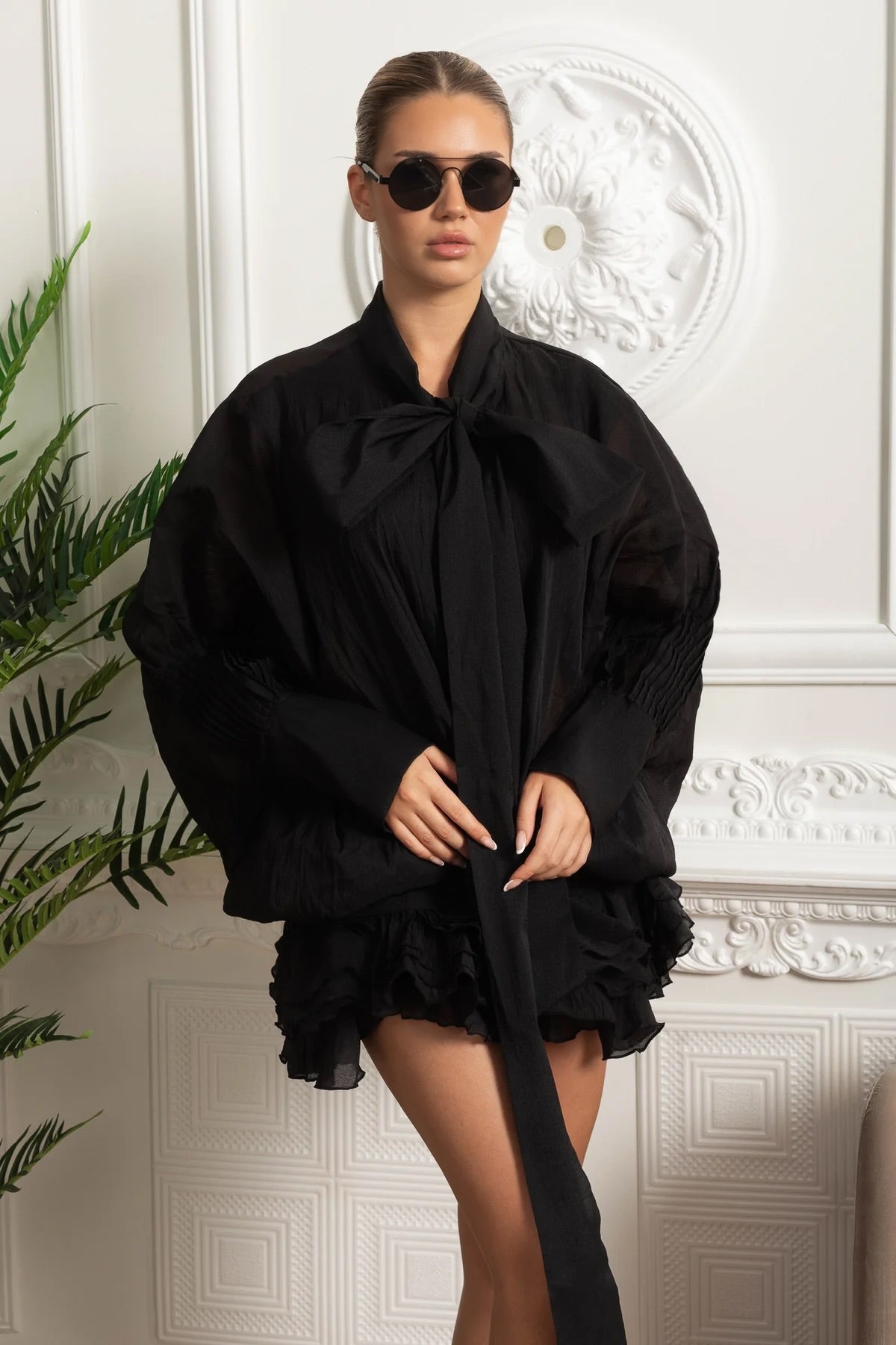 Sheer Bow-Neck Ruffle Mini Dress - Black