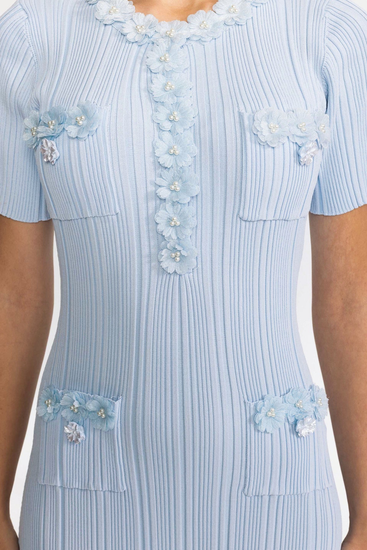 Ribbed Knit Flower Appliqué Midi Dress - Light Blue