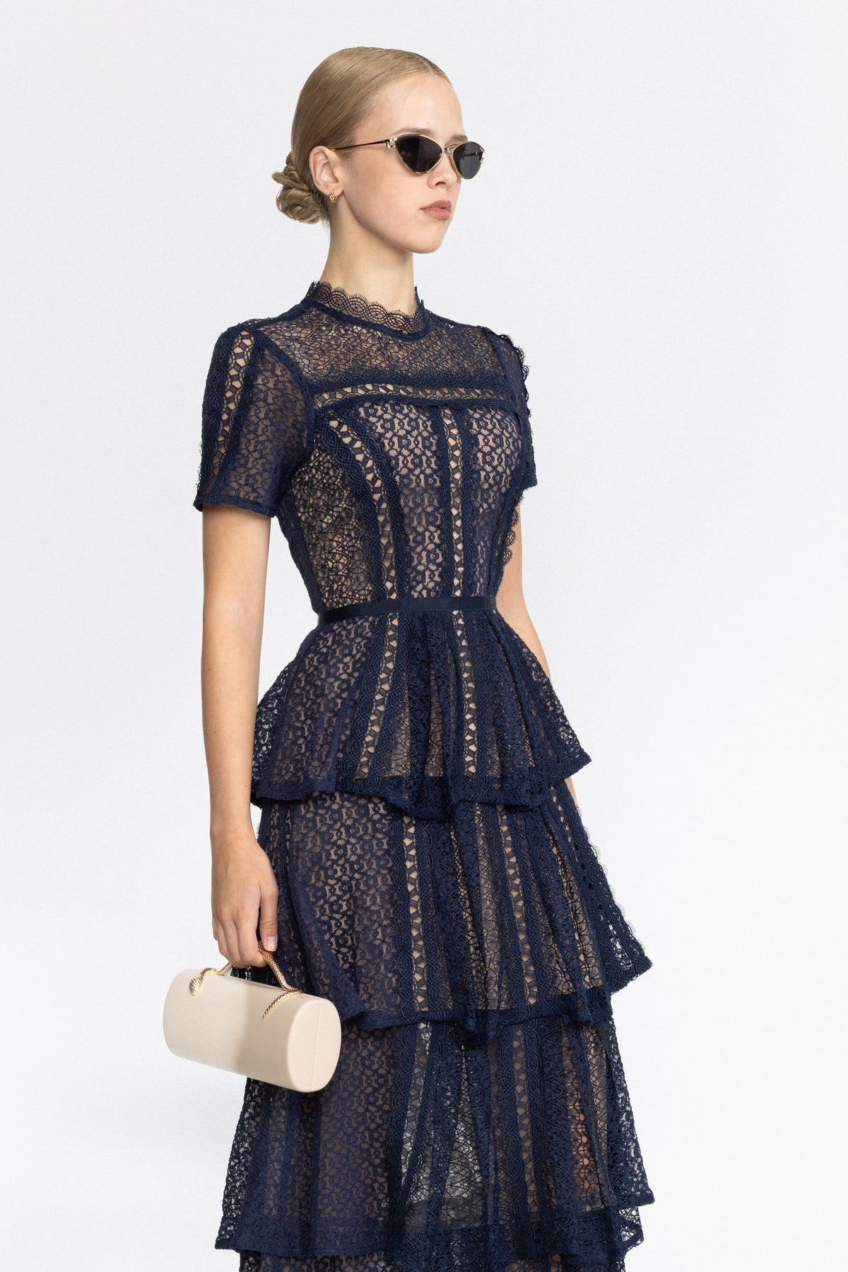 Panelled Lace Tiered Midi Dress - Navy