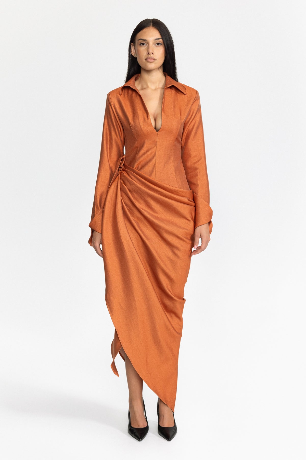 Plunge Collar Draped Wrap Maxi Dress - Burnt Orange