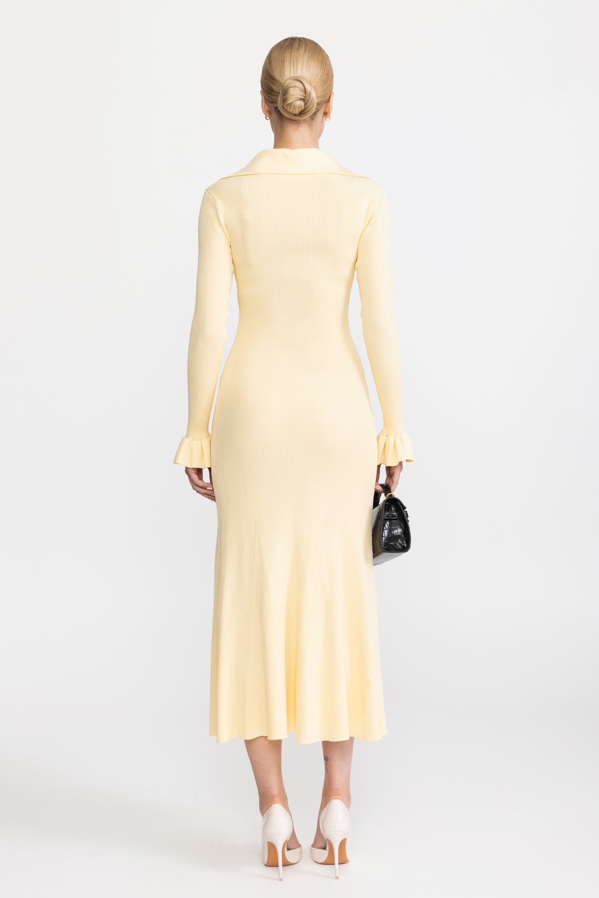 Tie Neck Rib Knit Ruffle Cuff Midi Dress - Yellow