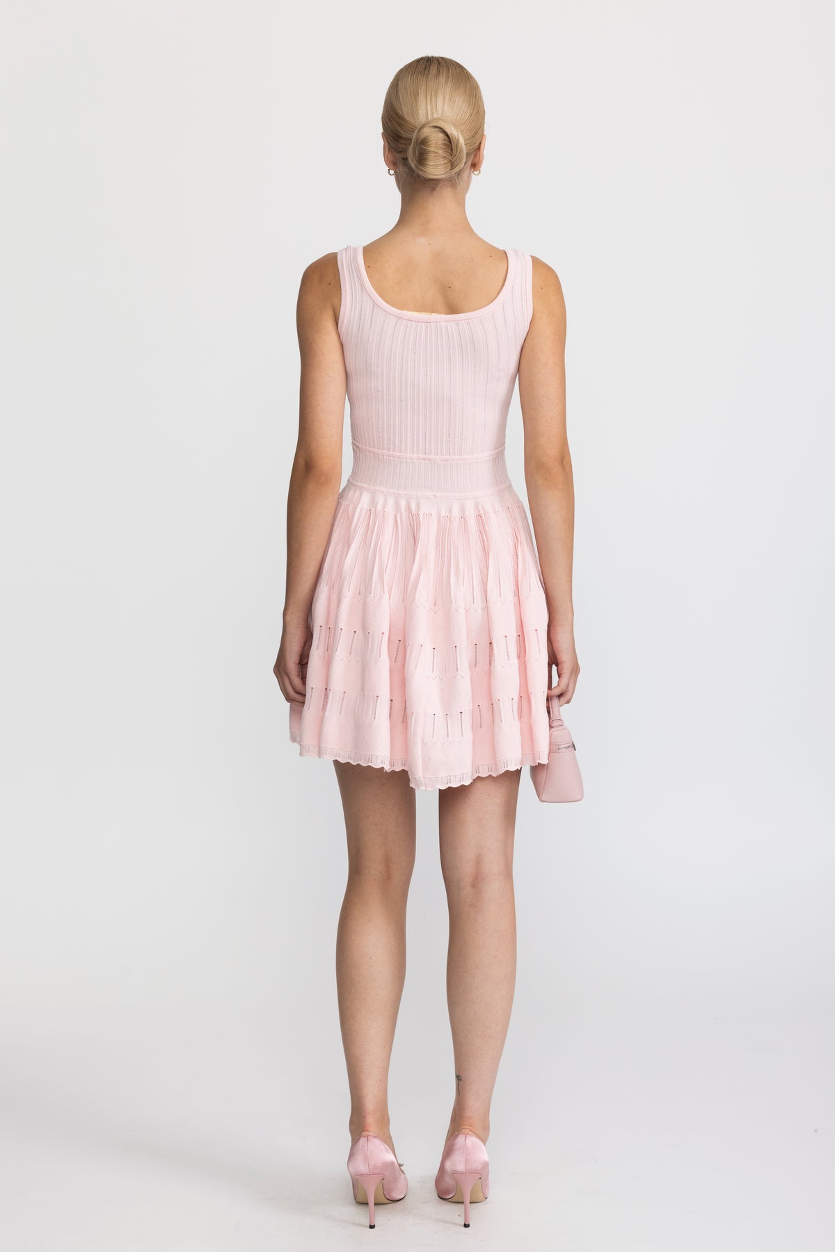 Pointelle Knit Skater Mini Dress - Pink