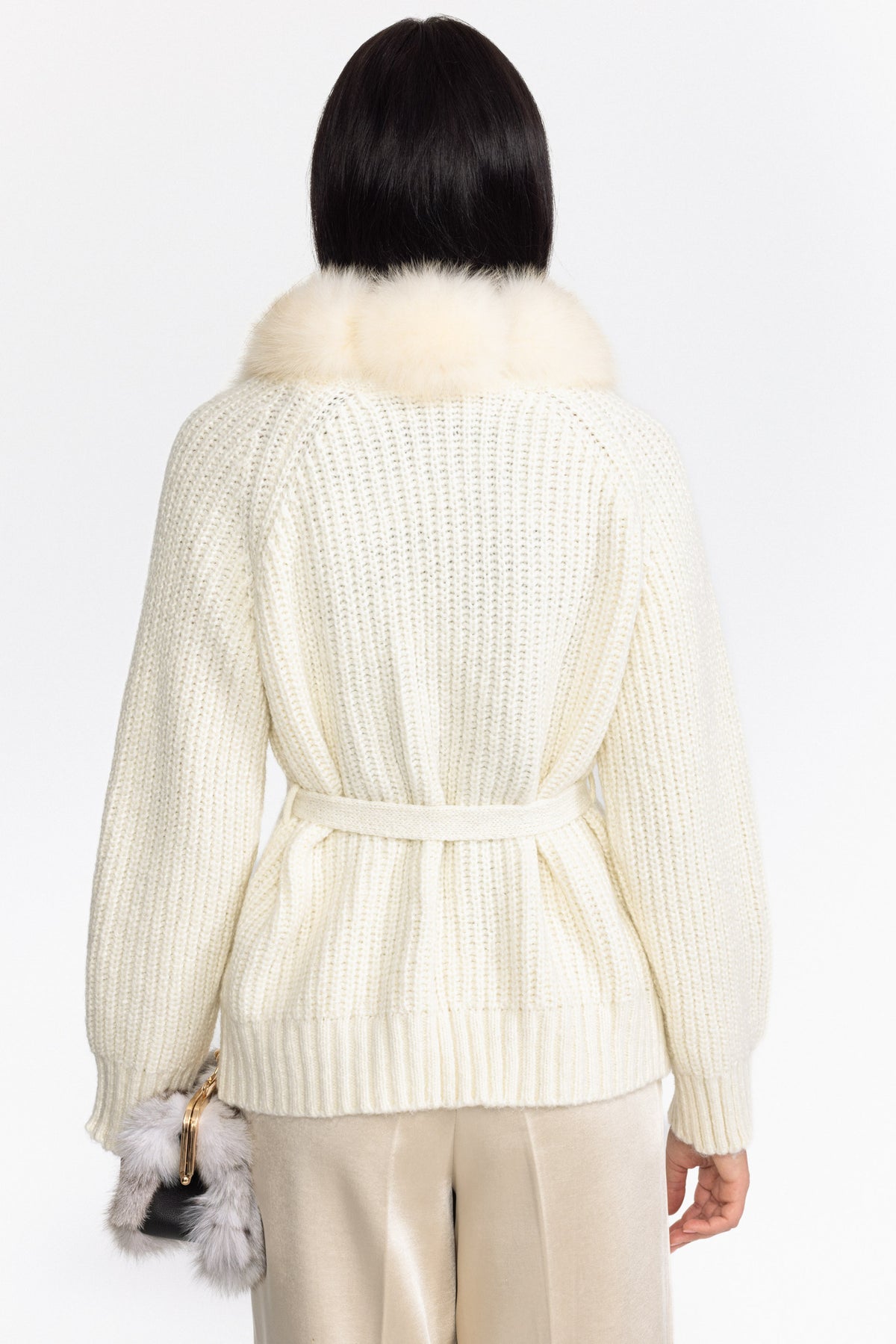 Fox Fur Collar Chunky Knit Belted Cardigan - Off-White
