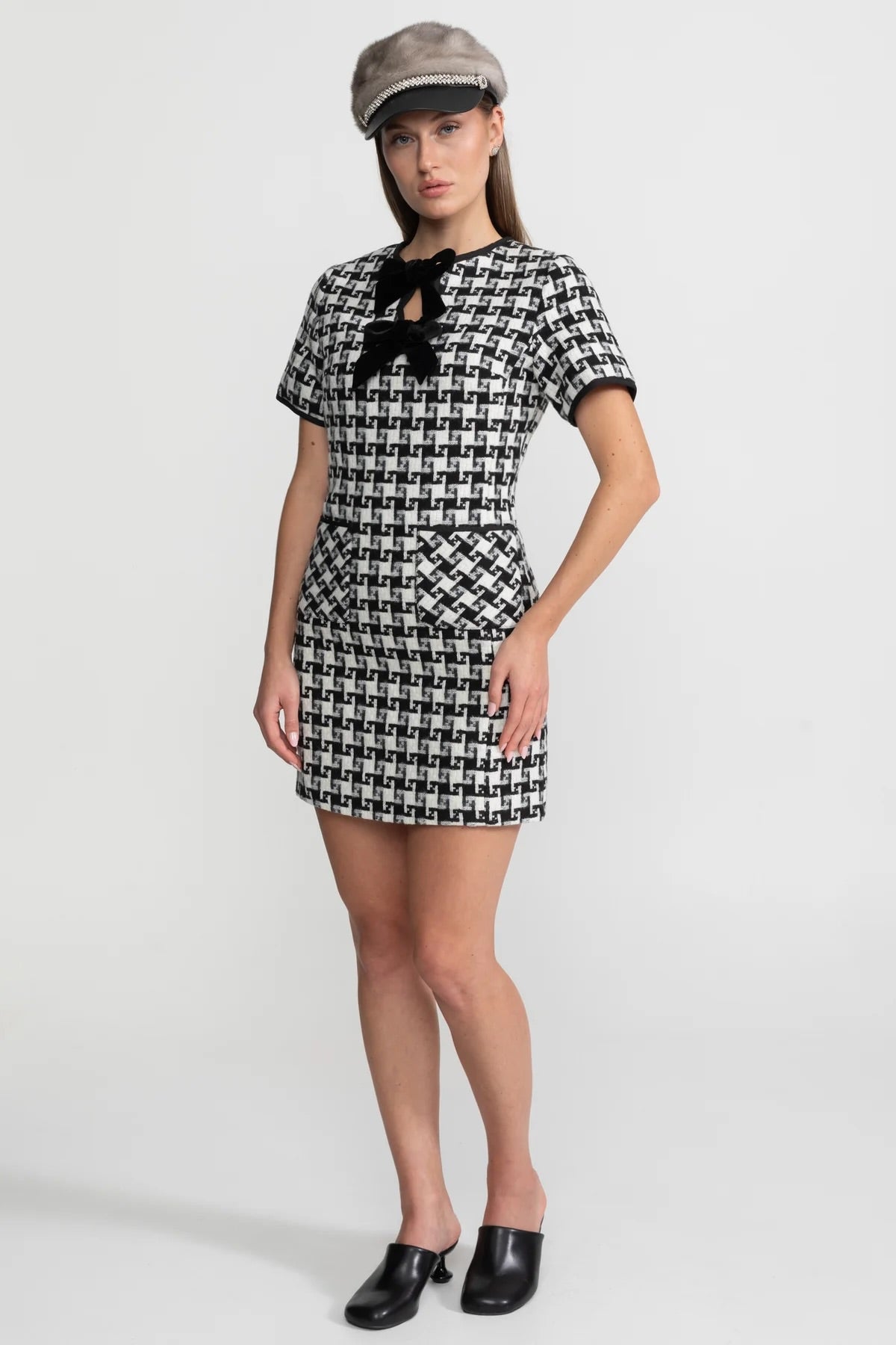 Velvet Bow Tweed Mini Dress With Check Pattern – Black And White