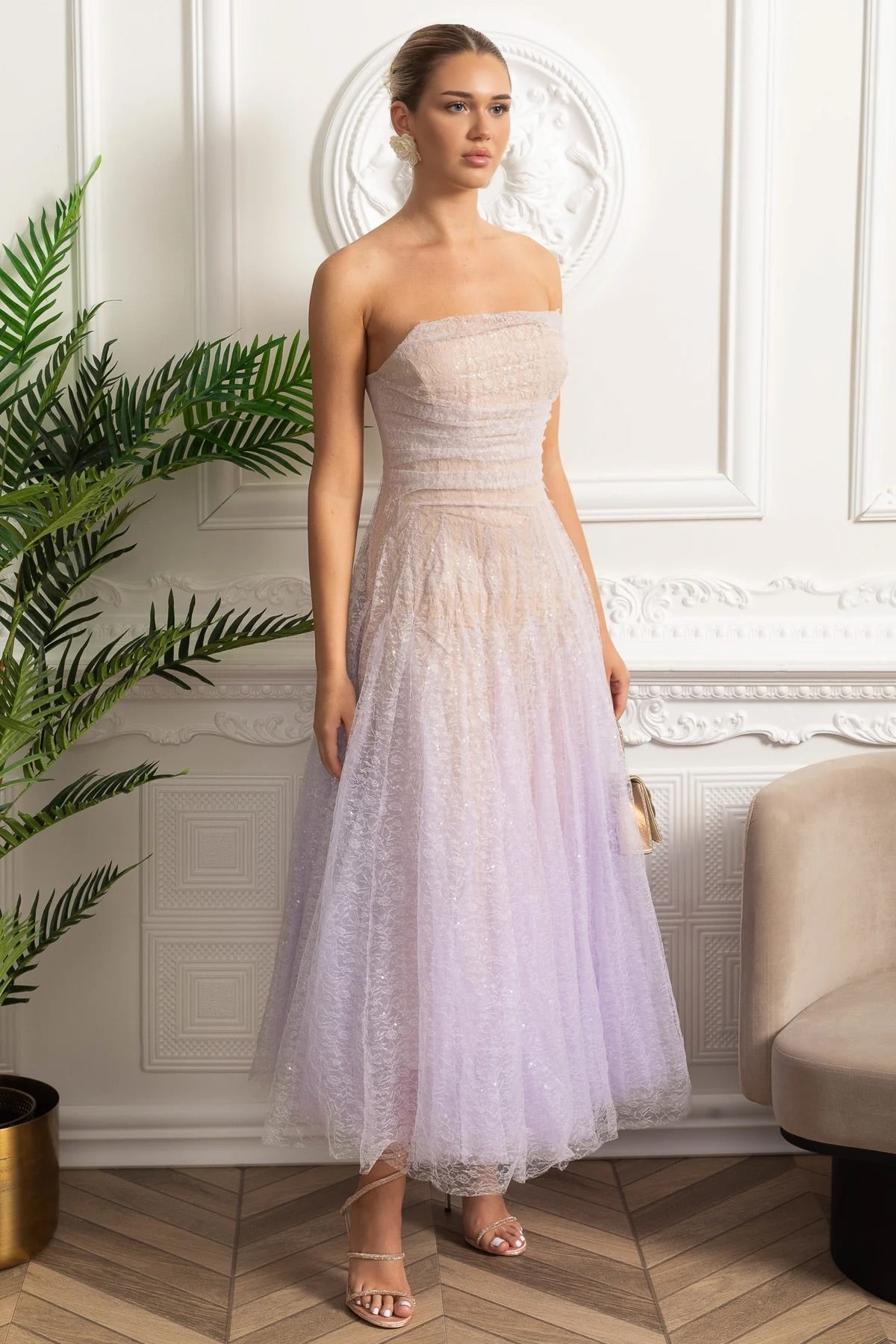 Strapless A-Line Midi Dress With Shimmery Textured Overlay - Lilac Gradient