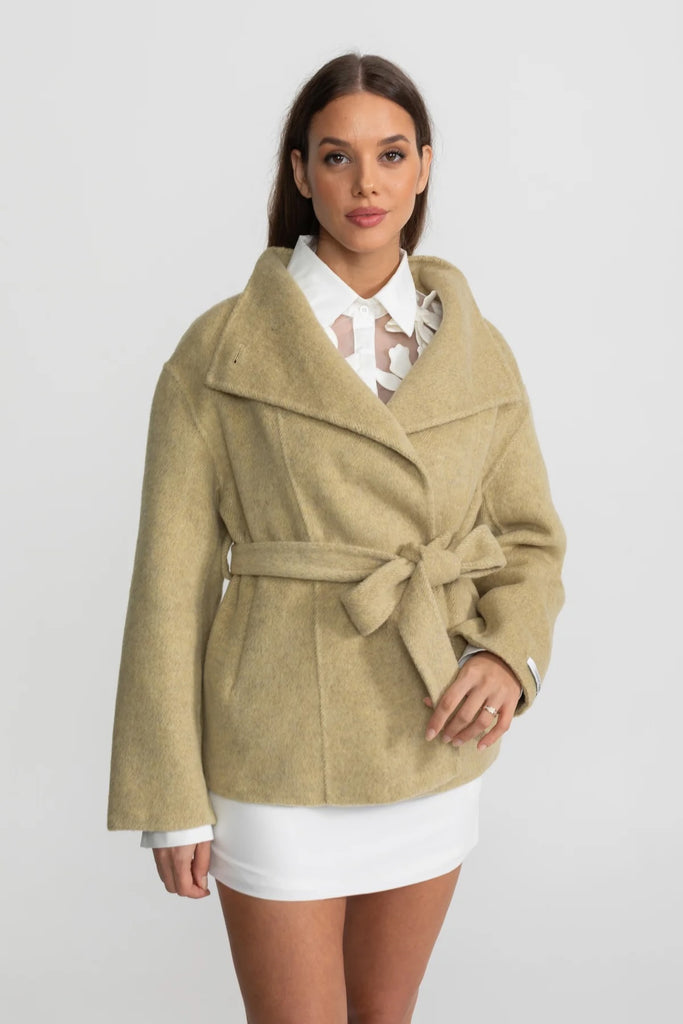 Belted Mini Coat With High Neckline - Beige