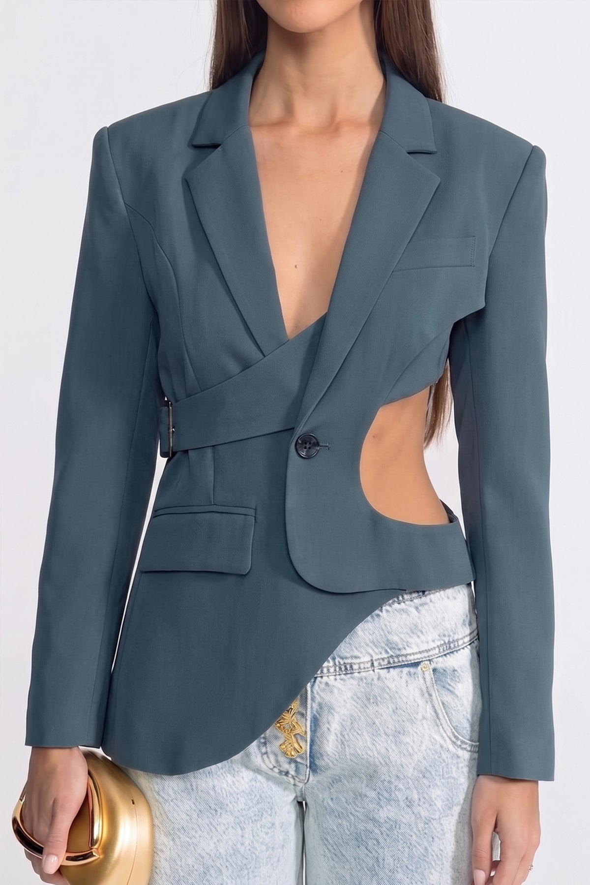بليزر غير متماثل بفتحات Cut-Out مع تفصيل حزام - تركوازي 