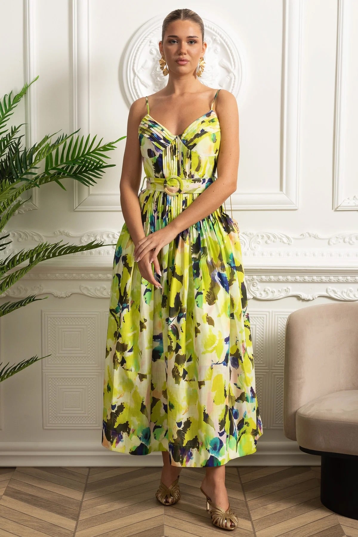 Pleated Bust Belted Midi Dress with Spaghetti Straps - Yellow