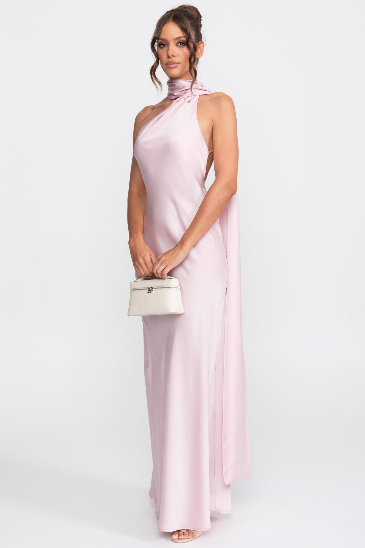 Twist Halter Satin Slip Dress With Asymmetric Neckline - Pink