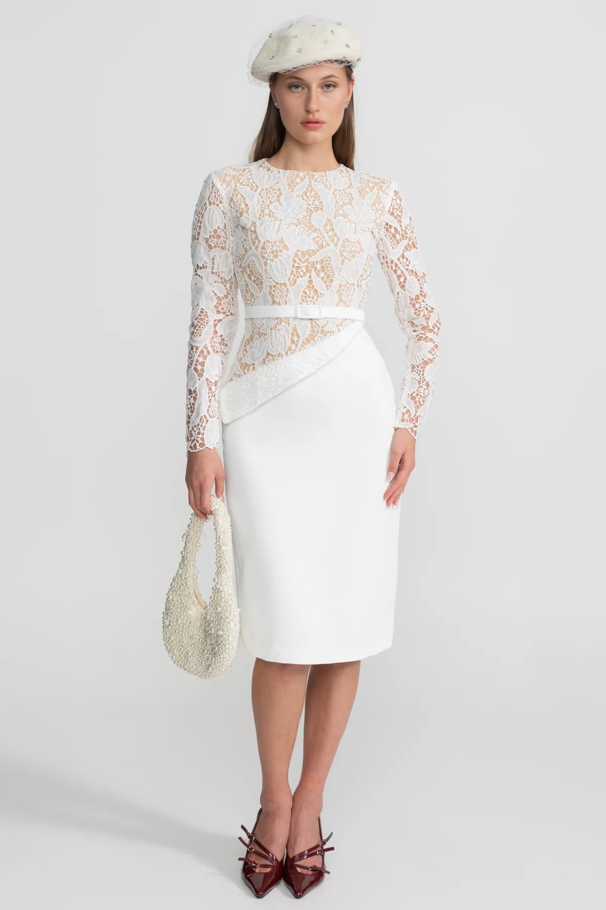Elegant Midi Dress With Sheer Lace Bodice – White