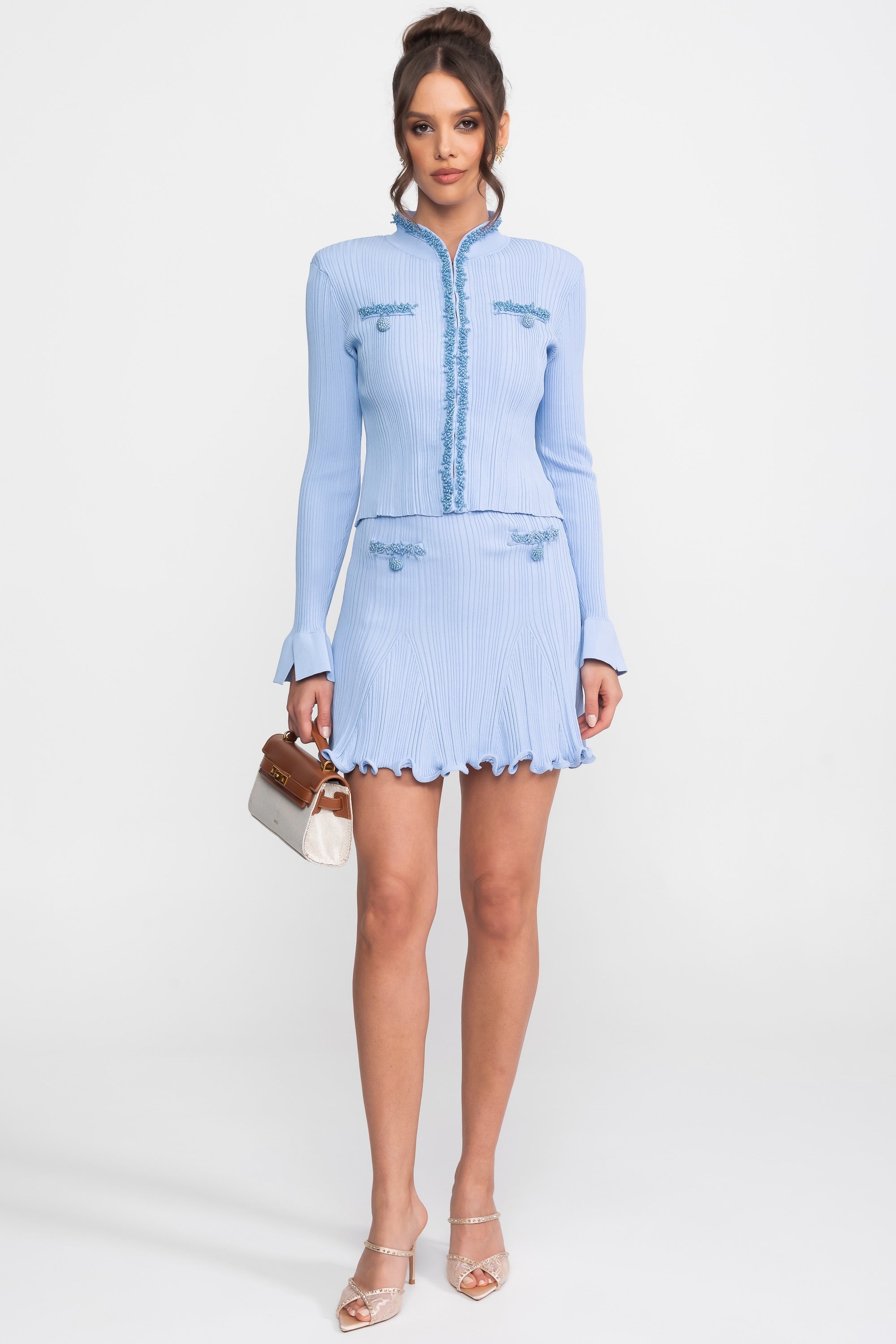 Ribbed Long Sleeve Set With Beaded Embellishments - Blue