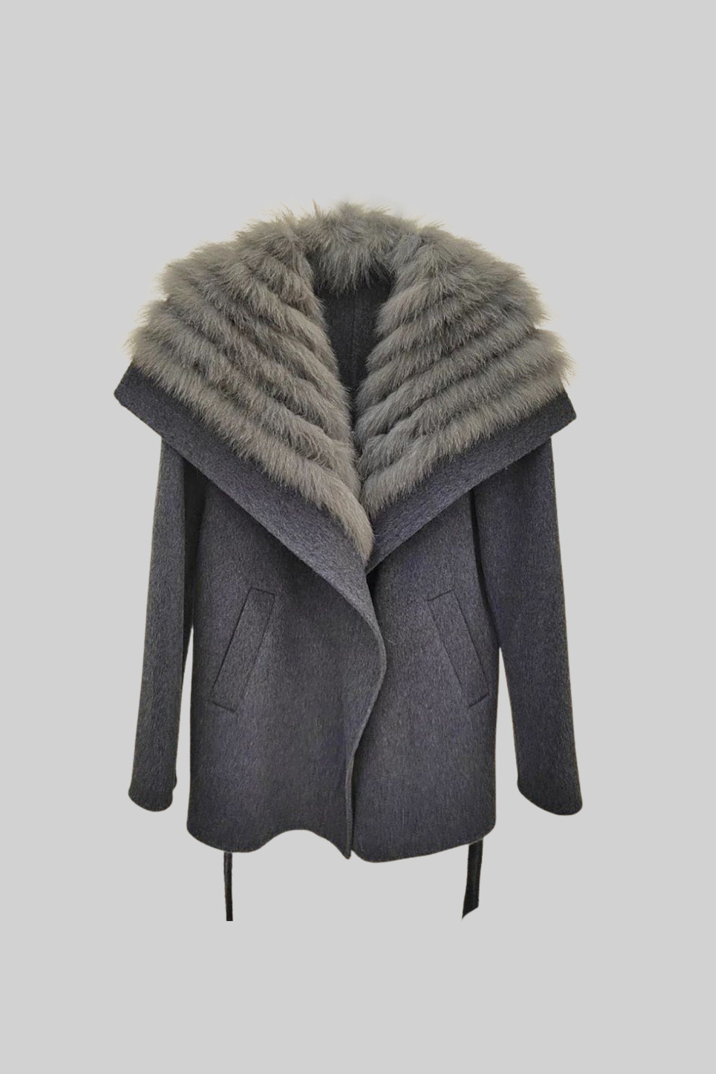 معطف صوف بياقة فرو كبيرة وحزام - رمادي 