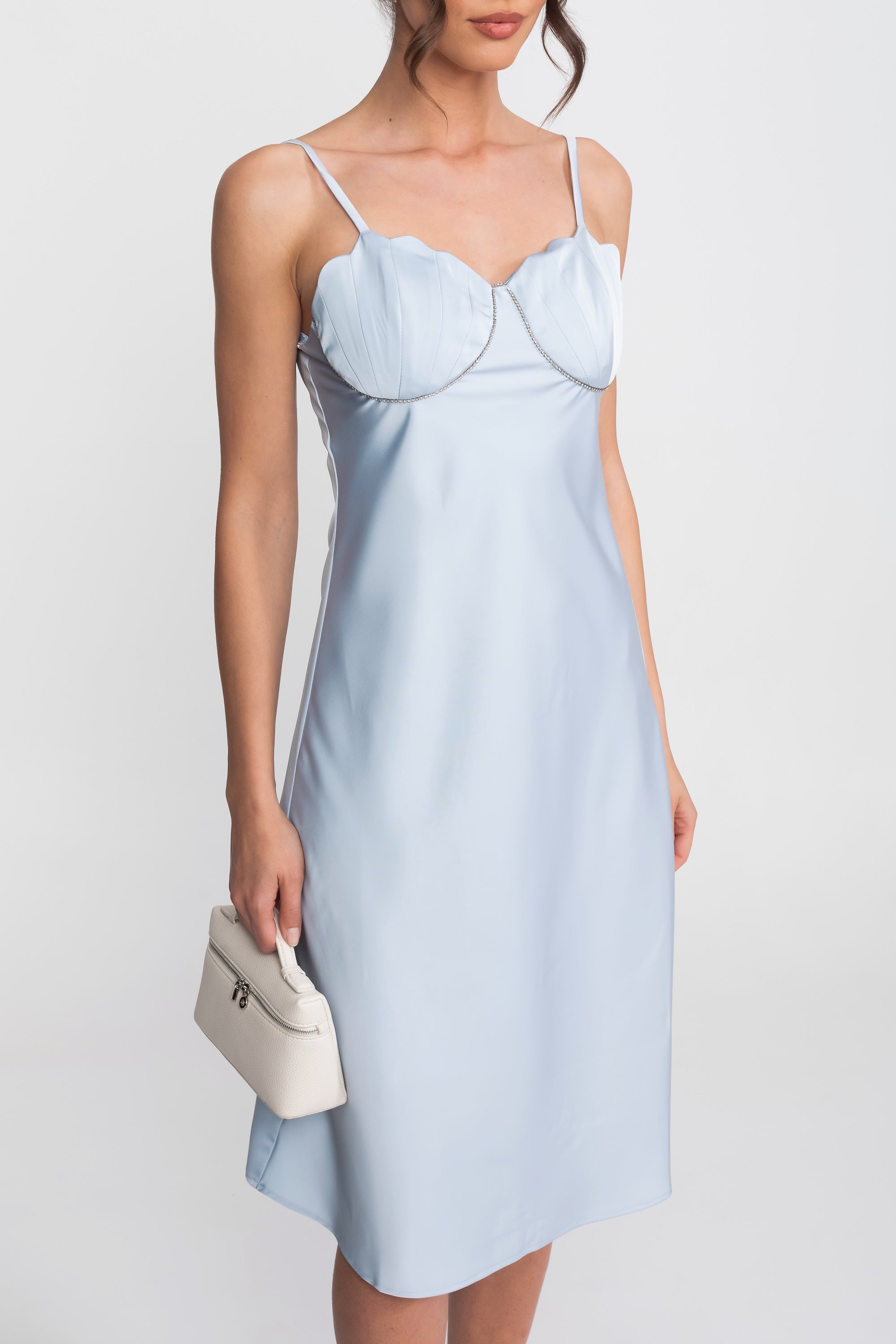 Satin Slip Midi Dress With Sweetheart Bustier Bodice - Light Blue