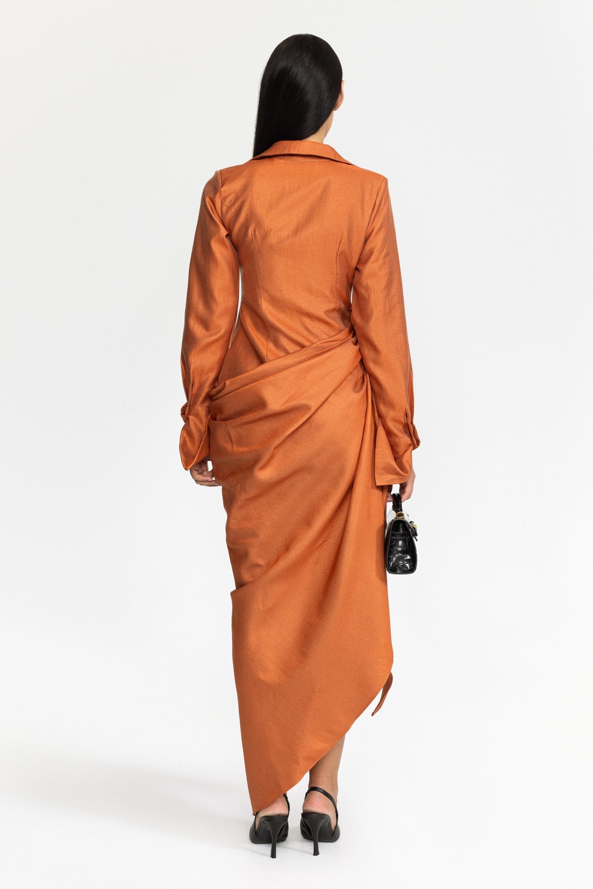 Plunge Collar Draped Wrap Maxi Dress - Burnt Orange