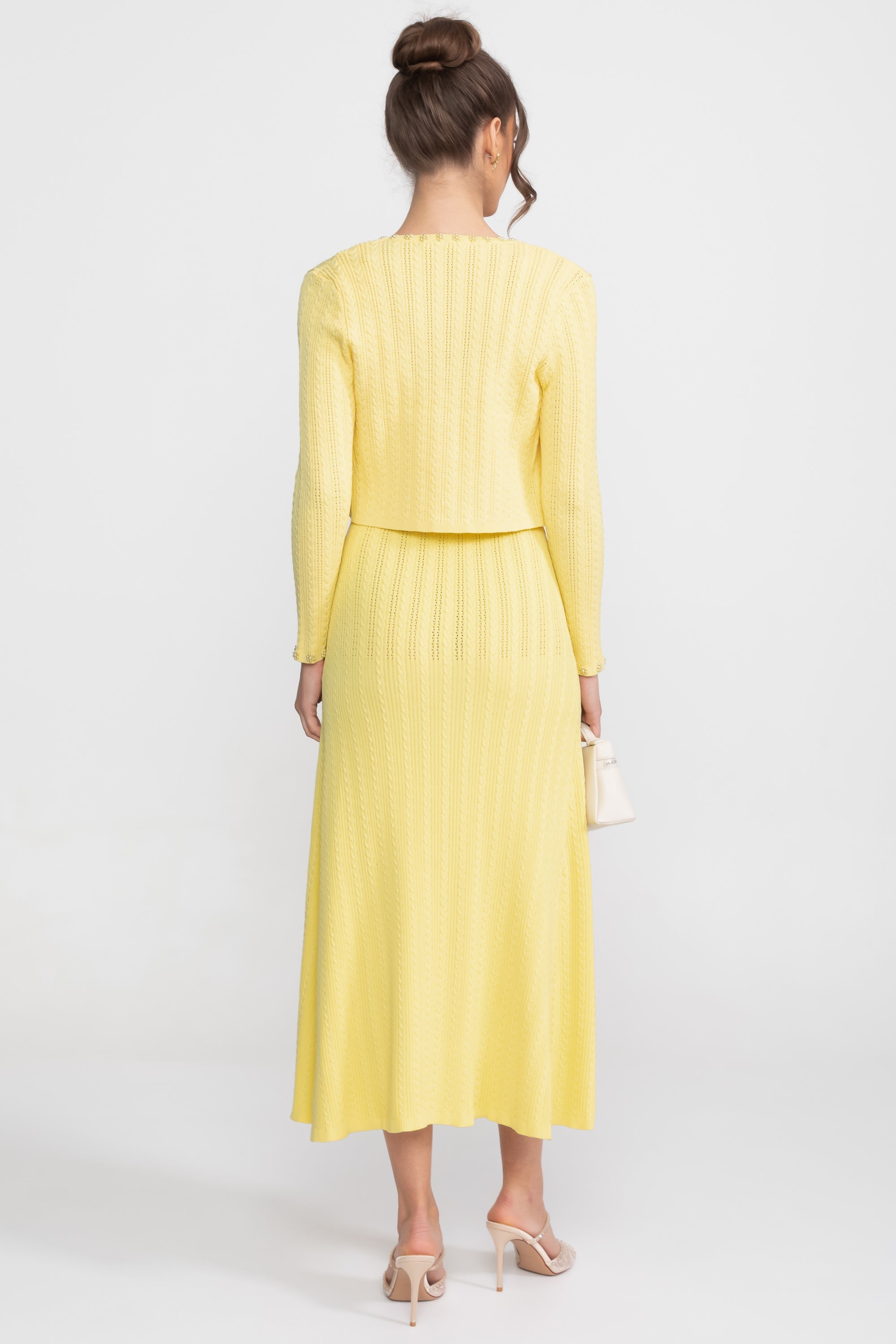 Ribbed Knit Dress and Cardigan Set With Pearl Button Detailing - Yellow
