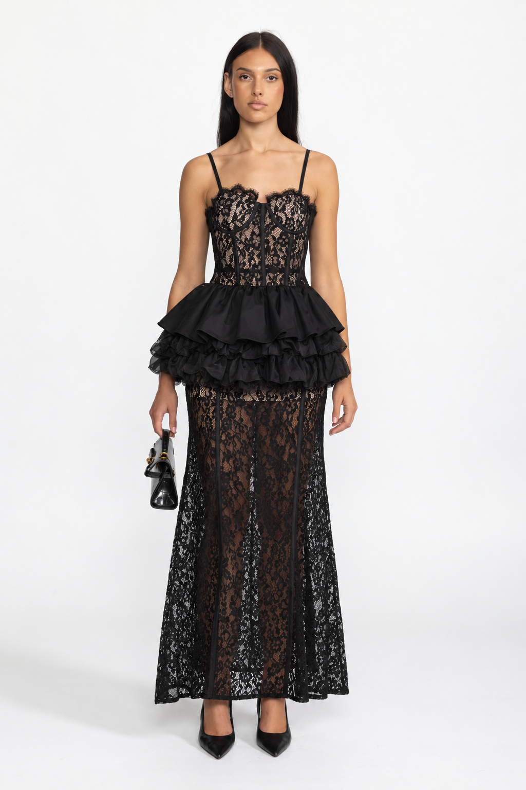 Lace Corset Ruffle Peplum Maxi Dress - Black