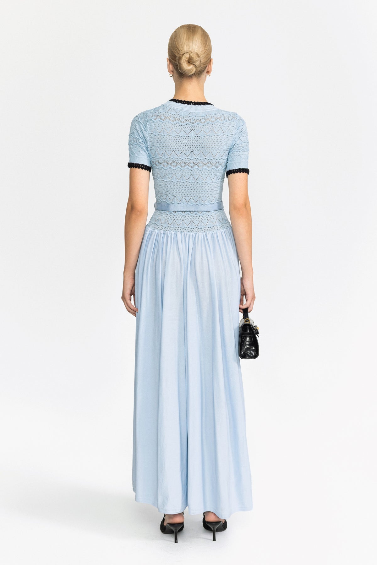 Pointelle Knit Bodice Belted Maxi Dress - Light Blue